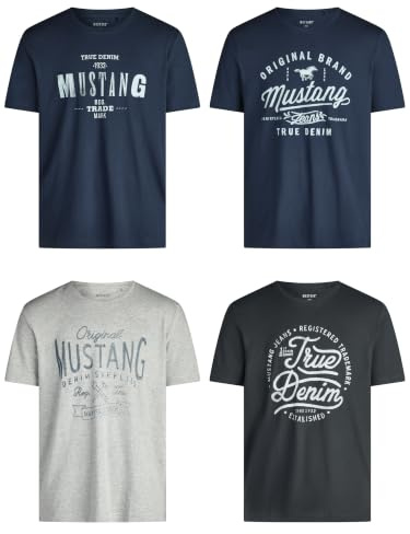 MUSTANG Tshirt Herren Baumwolle Regular Fit 4er Pack Set Rundhals Kurzarm Sommer Tee Shirt Logoprint, Größe:L, Farbe:Farbmix (P11)