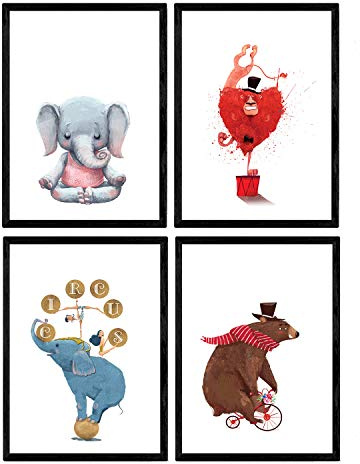 Nacnic Circus Poster mit Abbildungen. Leon Acobata meditierend Bär Elefant Elefant Fahrrad und acrobata Zauberer. Kinder im Zirkus. Dekorplatten. A3 Größe