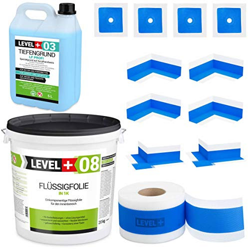 SET326 Kit d'étanchéité pour salle de bain 20 kg de film liquide, 4 coins intérieurs, 2 coins extérieurs, 4 manchettes murales, 20 m de bande d'étanchéité de 20 m, fond de profondeur 5 l