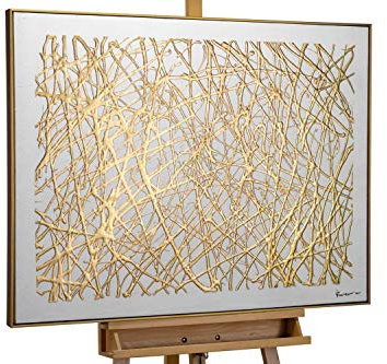 KunstLoft Leinwandbild | 100% HANDGEMALT | 100x75cm | Gemälde 'Lines of Fate' | Abstrakt | Gold Weiß | Wandbild Wohnzimmer