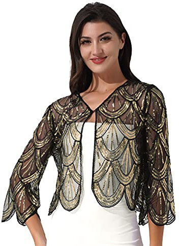 inlzdz Elegante Damen Pailletten Bolero Cardigan Langarm Strickjacke Spitze Kurzes Oberteil Achselzucken Schulterjacke Festlich Crop Top Cocktai Ball Partykleid Gold One Size