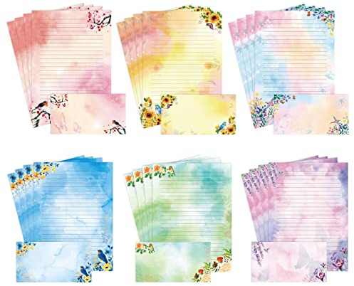 Liniertes Briefpapier und Umschläge, A4-Größe, Blumenmuster, Vogel, Aquarell-Schreibwaren-Set mit liniertem Briefpapier – 48 Blatt + 24 Umschläge