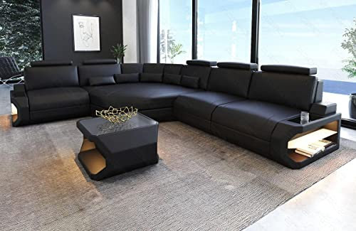 Ledersofa Asti als L Form Sofa in Leder mit Kopfstützen und LED Beleuchtung (Ecke Links, Black)