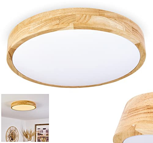 LED Deckenleuchte Samaira, moderne Deckenlampe aus Holz/Metall/Kunststoff in Naturfarben/Weiß, runde Leuchte im skandinavischen Design (Ø 39 cm), 1 x LED 22 Watt, 2200 Lumen, 3000 Kelvin (warmweiß)
