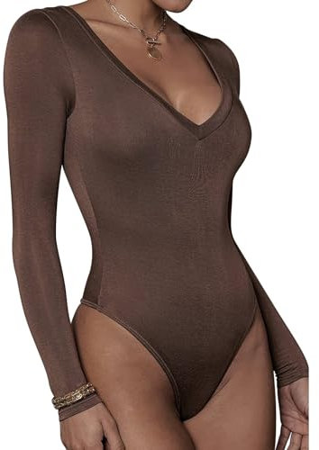 RoomTour Body donna a maniche lunghe, Scollatura a V Tops infradito per donna, Donna Tuta Aderente 1-Marrone XL