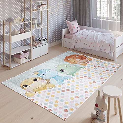 TAPISO Emma Teppich Waschbar bei 30 Grad Bunt Dinos Dinosaurier bedruckter Kinderteppich Antirutsch Kinderzimmer Jugendzimmer Modern ÖKO-TEX 80 x 150 cm