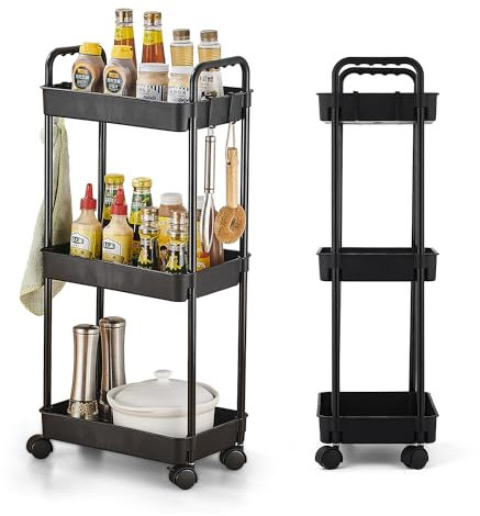 ZHUGE Carrito Auxiliar con Ruedas de 3 Niveles, Carrito Cocina para Cocina, Baño, Oficina, Lavandería, Maquillaje, Fácil Montaje Carro Rodante con Cierre, 35 x 24 x 79cm, Negro
