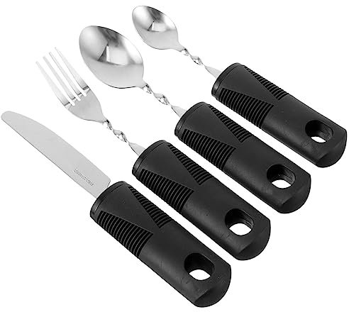 Mobestech Mostrada Juego De Utensilios Adaptables De 4 Piezas Tenedor Integrado Cuchara Y Cuchillo Basculante Cubiertos De Acero Inoxidable Para Adultos Ancianos Temblores Pacientes Con
