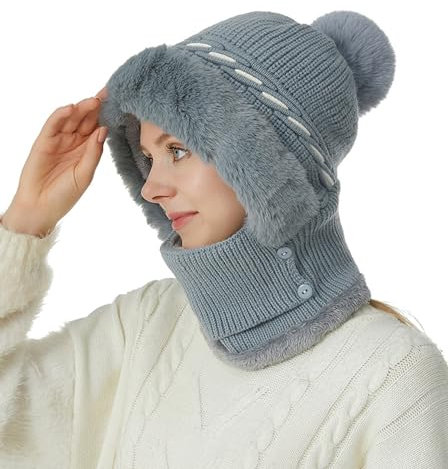 crazy bean Wintermütze Strickmütze Nackenwärmer Winter Stricken Mütze Damen Gesichtsabdeckung Warme Kopfhaube Outdoor (Grau)