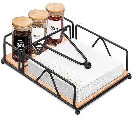 Portatovaglioli per tovaglioli di carta, portatovaglioli piatto con base in legno, cestino portatovaglioli in acciaio inossidabile nero, portatovaglioli in metallo con braccio appesantito,