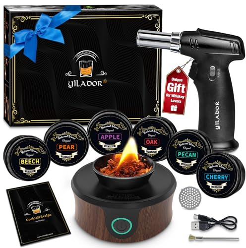 Kit de fumoir à whisky électrique avec torche, meilleur cadeau de whisky pour homme, 6 copeaux de bois – Infusez des saveurs fumées riches dans le bourbon à l'ancienne et les cocktails, cadeaux