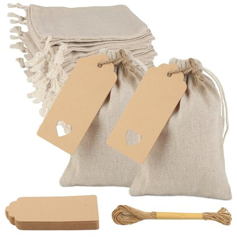 25 Sachets de Pochon Tissu，Sachet Tissu calendrier de l'Avent avec cordon de serrage et étiquette cadeau，Petit Sachet Tissu réutilisables en coton pour bijoux, mariages, fêtes et Noël