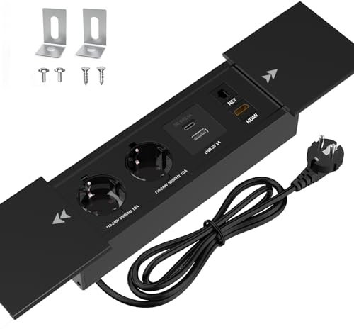 CHENGPI Coulissant Couvercle Prise de Bureau,Prise Encastrable avec 2 Prises,1 USB,1 Type C,Interface Réseau HDMI TD,Aluminium Multiprise Electrique pour Bureau de Cuisine de Bureau,1,8m Câble