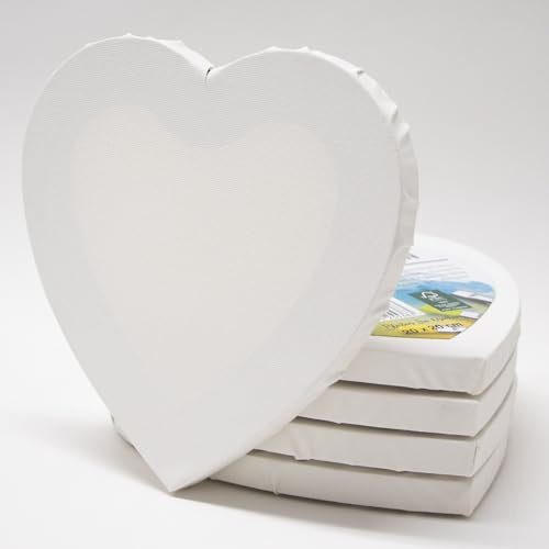 5er-Set Leinwand Canvas zum Bemalen in Herz-Form, 20x20cm. Leere, weiße Leinwand aus 100% Baumwolle ist umlaufend aufgespannt auf 16mm FSC® MDF-Rahmen, 280g/m², 2-fach weiß grundiert