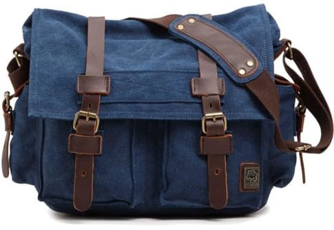 Sechunk Schultertasche Vintage Leder Umhängetasche Canvas Laptop Tasche Retro Messenger Taschen (Blau, Klein-13‘’)