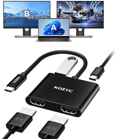 KOZYC USB C to Dual HDMI Adapter 4K@30Hz, USB C Hub Multiport Adapter with 2xHDMI, USB 3.0, 100W PD, Support USB C to HDMI Splitter Extended Display (MST Only Support Windows), Black
