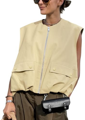 Yimoon Damen-Cargo-Weste mit Reißverschluss, lässig, gerüschter Saum, ärmellos, Blazer, Weste, Top mit Taschen, hellgelb, S