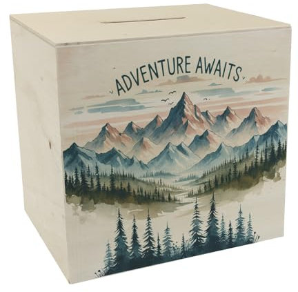 Bergpanorama Spardose aus Holz mit Spruch Adventure Awaits Abenteuer wartet Schönes Berg Panorama Ausblick auf Ihren nächsten Urlaubstraum