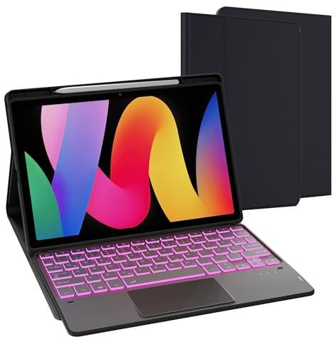 ROOFEI für Xiaomi Redmi Pad SE 11 Zoll Hülle mit Tastatur (QWERTZ-Layout) : 7-Farbiger Beleuchtung, Smart Touchpad, Abnehmbare Tastatur Hülle mit Stifthalter für Xiaomi Redmi Pad SE 11 2023