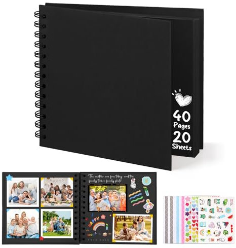 DazSpirit Album Fotos para Pegar y Escribir, 6-pulgadas Album Scrapbook de Recortes de Tapa Dura Cuadrado con 5 Pegatinas, Albunes para Fotos DIY para Bodas, Bebés y Aniversarios, 40 páginas, Negro