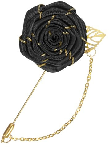 M METERXITY Rose Brooch Pin Cloth Flower with Gold Leaf Brooch, Lapel Pin for Men Wedding Accessories/Suit Tuxedo Corsage Wedding Party Brooch [Black]