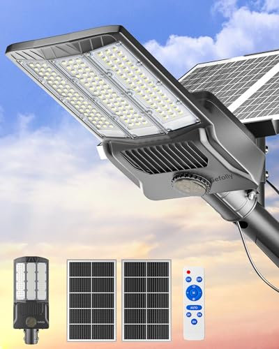 Gefolly SL-12000W Solaire Exterieur Lampadaire-800000LM Lumière Solaire avec Télécommande, 6500K Crépuscule à l'Aube Étanchéité IP67 Projecteur LED Jardin Lampe Pour Rue Garage Éclairage Public