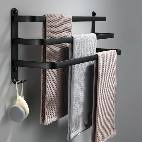 yozhch Black Towel Rail with Hooks, 3-Tier Towel Rack Wall Mounted Bathroom Towel Holder, Nail-Free Adhesives/Drilling Installation, Aluminum