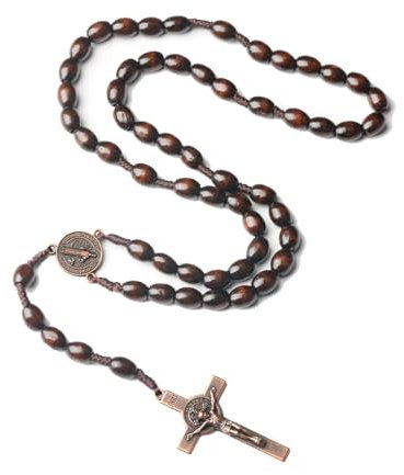 BDEPSTR Katholisches Kreuz Rosenkranz Halskette, Kreuz Kette Herren, Naturholz Gebetskette mit Medaille Kreuz Jesus Christus Heiliger Benedikt, für katholische Christen Religiöse Kommunion