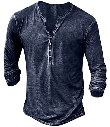 Rodawu Mens Polo Shirts Cotton Muscle Fit T Shirts Button Down Henley Shirts Golf Tops Long Sleeve Dark Blue T Shirt L