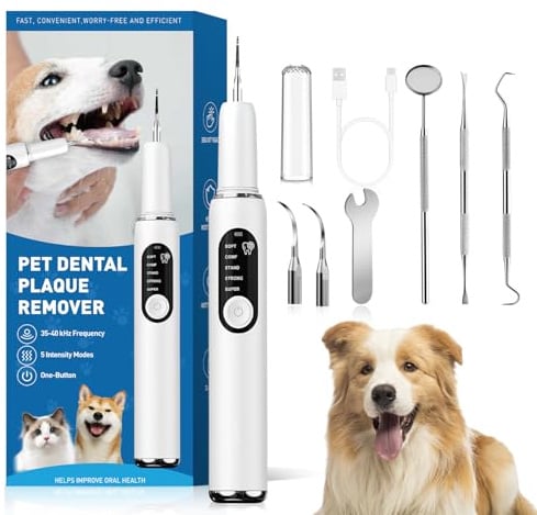 SylvanSparkKitchen Dog Plaque and Tartar Remover Plaque Remover for Teeth with Led Light 5 Adjustable Modes Electric Toothbrush Teeth Cleaning Kit for Dog and Cat Pet Ultrasonic Tooth Cleaner
