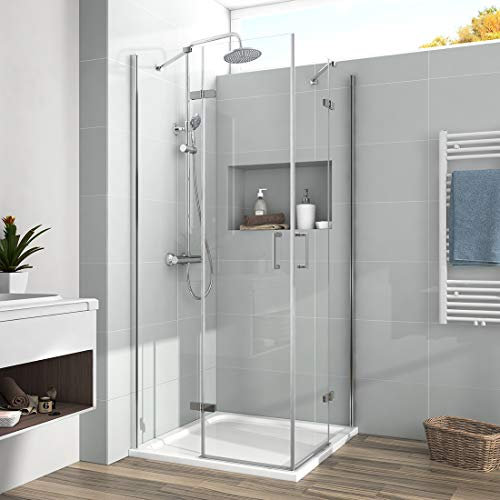 EMKE Duschkabine 75x75 Eckeinstieg Duschabtrennung Klappbar Pendeltür Schwingtür Eckdusche 5mm Sicherheitsglas Falttür Duschtür Duschwand 195cm Komplettdusche
