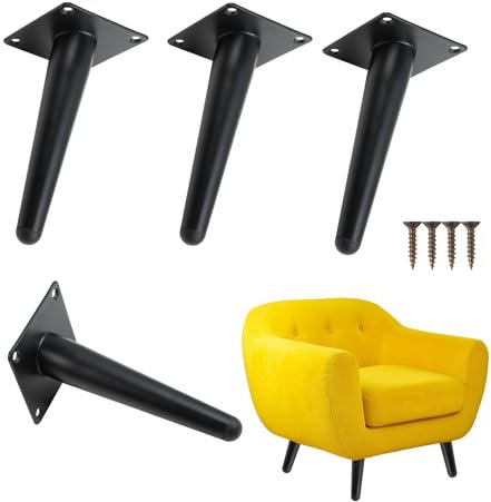 Flearitzo 4 Pieds de Meubles en Métal Pieds Inclinés Coniques de 15 cm avec Vis et Base Antidérapante Silencieuse pour Canapés Meubles TV Tables Basses Armoires Pieds de Lit (Noir)