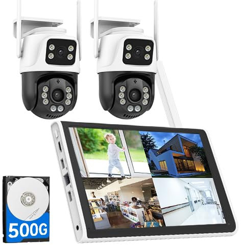 KERUI Überwachungskamera Aussen WLAN Set mit 10.1''Monitor 8CH Wireless NVR, 2 Pcs 6MP PTZ 2.4G&5G WiFi Kamera Aussen mit Dual-Objektiv 360°Weitwinkel, 2 Wege Audio, Farbe Nachtsich,500GB Festplatte