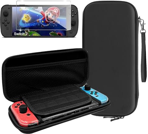 Rojeuinn Tasche für Nintendo Switch 2 Hülle Hart Wasserfest Case+1 Stücks Schutzfolie für Nintendo Switch 2 Panzerglas,Schutzhülle Tragbar Aufbewahrung Konsole Und Zubehör-Schwarz