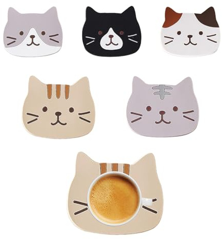 5PCS Cute Cat Coasters Reusable Washable Non-Slip Beverage Mats For Coffee Cups Tea Cups Beverage Cups Wine Protection Suitable For Office Desks Coffee Tables Restaurants Decoration