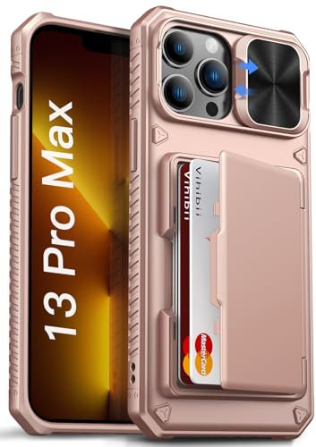 Vihibii for iPhone 13 Pro Max/iPhone 12 Pro Max Case with Card Holder (4 Cards), [RFID Blocking] & Slide Camera Cover, Military Grade Drop Protection, Heavy Duty Rugged Wallet Phone Case, Rose Gold