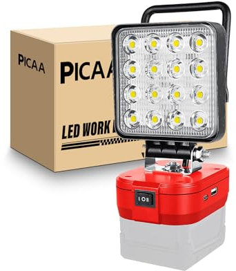 PICAA 48W Lampe de Travail LED Sans Fil pour Milwaukee 18/20 V, Projecteur LED Portable avec port de charge USB et type C pour Travaux, Chantier, Garage, Camping (pas de Batterie)