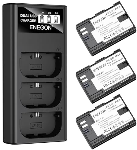 ENEGON LP-E6 Akkus (3×3000mAh) Inkl. 3-Slot Ladegerät mit LCD-Anzeige, Kompatibel mit Canon EOS 5D, EOS 5D Mark II,EOS 6D, 7D, 60D, 70D, 80D, 90D, XC10, XC15 Kamera