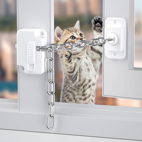 Window Locks Pets Child Safety, 2 Pack Adjustable Window Restrictors with Stainless Chain, No Drilling Window Safety Locks for UPVC Metal Wood for Baby Pet Protection Sliding Windows