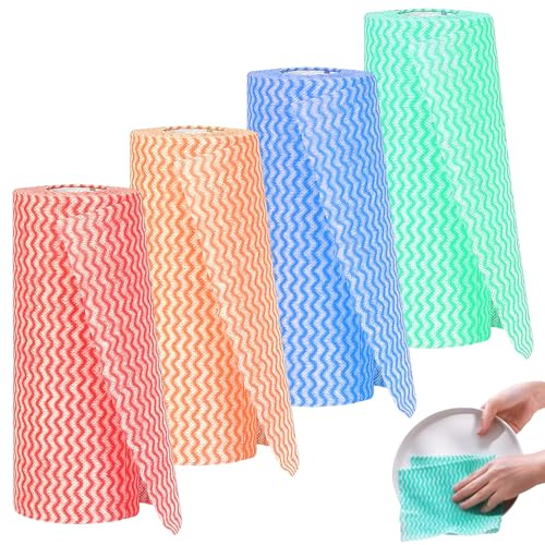 XSHAO® Wischtücher Auf Rolle, 4 Rollen Einweg Putztücher Reinigungstücher Rolle Vliesstoffe Küchentücher Putztuch für Wohnküche Esstisch 40 Stück pro Rolle 4 Farben