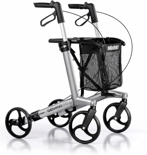Helping Hand GEMINO 30 M Rollator, Walker, Walking Aid Adjustable Height, Scarlett Red, Carbon Fibre, Lightweight Walking Frame with Seat & Bag (Silver, Gemino20)