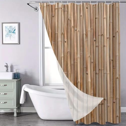AJALGZ Rideau de Douche en Bambou Naturel, Style Rustique et écologique, avec 12 Crochets (105 x 260 cm/Lavable)