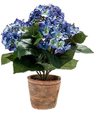 artplants.de Hortensia en Tissu LAIDA en Pot en Terre Cuite, Bleu, 35cm - Fausse Fleur/Faux Hortensia