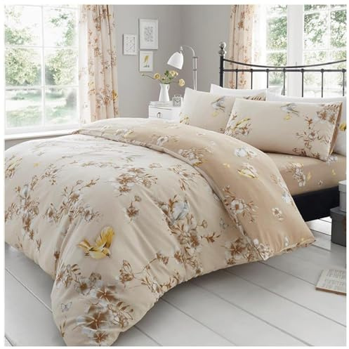 GC GAVENO CAVAILIA Birdie Blossom Floral Kingsize Duvet Cover Set, Natural | Breathable, Comfy, Reversible Soft Botanical Flowers, With Polycotton Pillowcases, Luxury Birds Quilt Cover