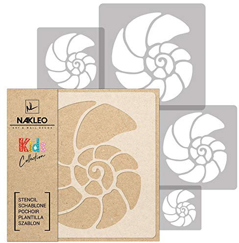 NAKLEO Schablonen Malen für Kinder, 5 Stück Set 9x9 bis 34x34cm Nautilus Muschel Krustentier, Wiederverwendbare Kunstoff Kinderzimmer Malvorlage Raumdekoration, Basteln DIY Wand Möbel Papier