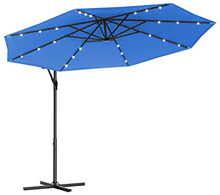 GIANTEX 300 cm Sonnenschirm, Gartenschirm mit Solar LED Beleuchtung, neigbarer Ampelschirm mit Eisenständer, Polyester Schirm für Outdoor Garten, Terrasse, Pool (Blau)