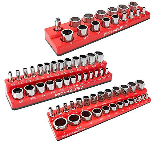 MichaelPro MP014003 Steckschlüssel Schiene Magnetisch 3 Stk. - 1/4, 3/8 & 1/2 SAE Steckschlüssel Halterung, Professionelle Qualität - Steckschlüsselsatz Halter für Werkzeugkästen (SAE), Red