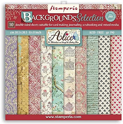 Stamperia SBBS46 Pad-Double Sided Sheets-Backgrounds Selection Mini-Scrapbooking-Block, doppelseitige Blätter, Hintergrundauswahl, Alice, Papier, Verschieden, 8 x 8 inches, 6 Piece