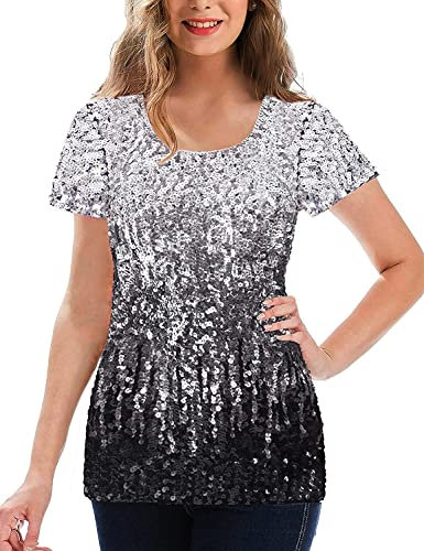 Damen Pailletten Kurzärmeliges T-Shirt Glitzer Oberteile Sparkle Party Tshirt Damen Sequin Tunika Top (M, Schwarz)