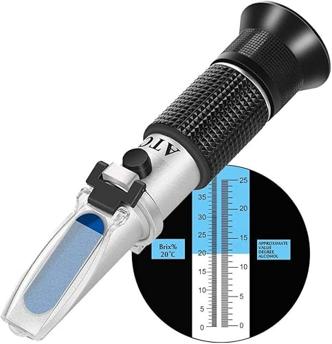 Wein-Refraktometer, BOWONG Hand-Brix/Alkohol-Refraktometer mit ATC für die Weinherstellung, selbstgebrautes Kit, Doppelskala (Brix 0–40 %, Alkohol 0–25 %)